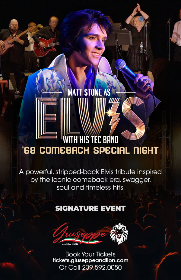 Matt Stone as Elvis with his TEC Band ’68 Comeback Special Night