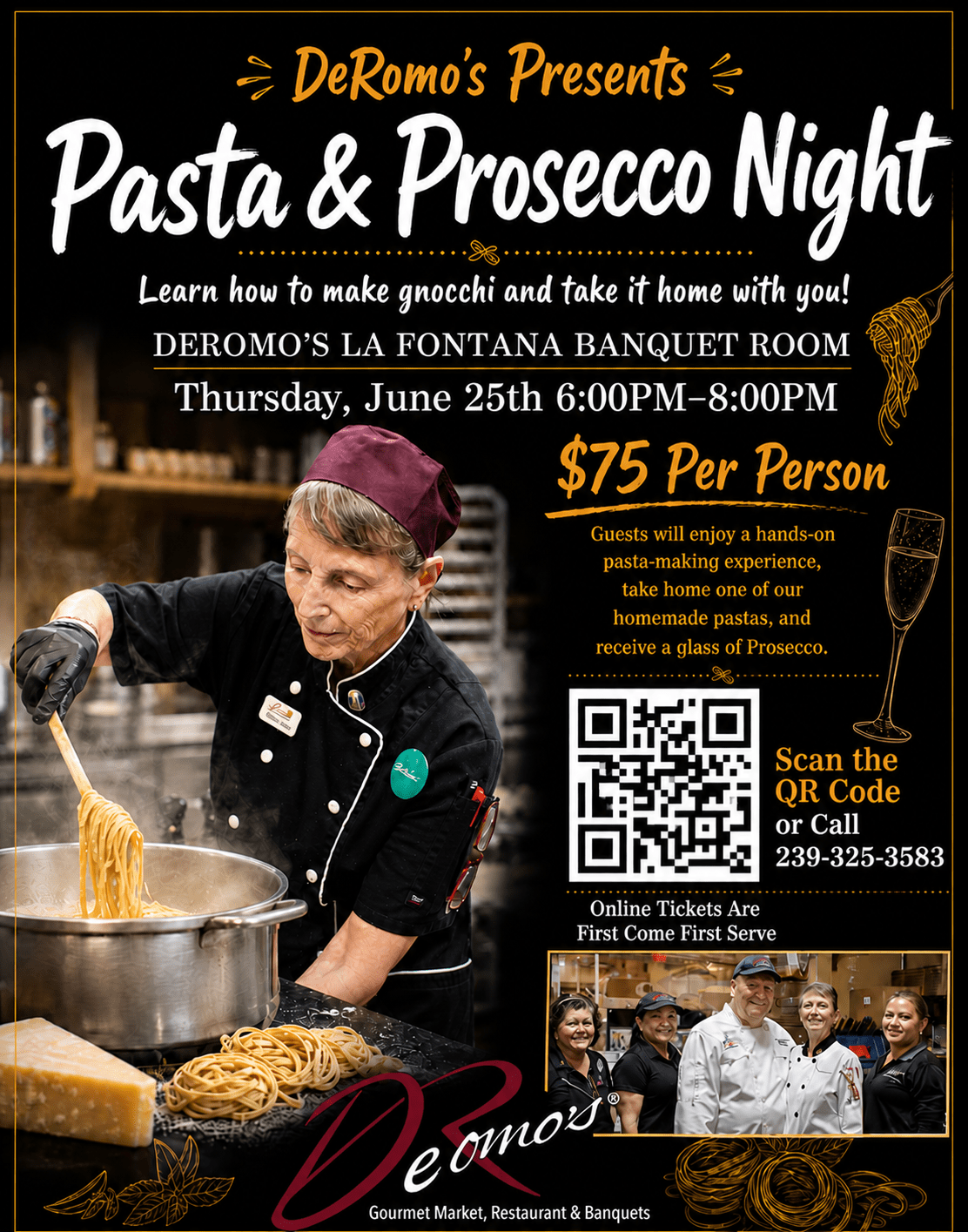 Pasta and Prosecco in DeRomo's La Fontana Banquet Room